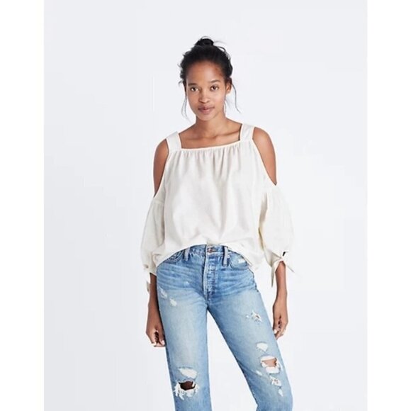 𝅺MADEWELL | White Cotton Cold Shoulder Top With Ties Size XS - Picture 1 of 7